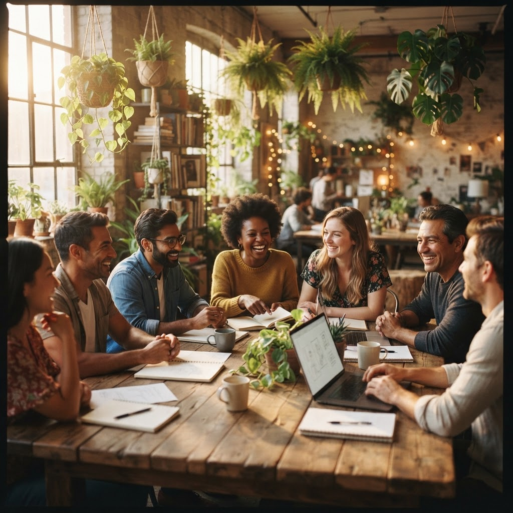 A vibrant team collaborating around a table in a light-filled, plant-filled shared space